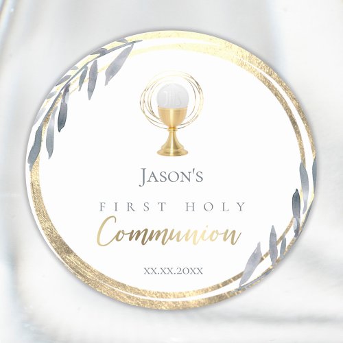 First Communion dusty blue faux gold foil Classic Round Sticker