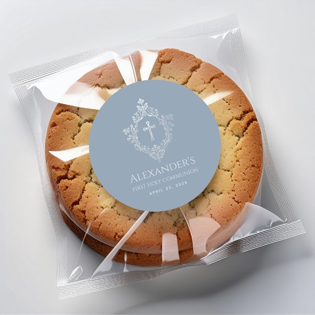 First Communion Dusty Blue Faux Silver Crest Boy Classic Round Sticker (Creator Uploaded)