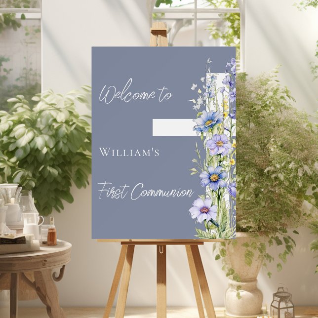 First Communion dusty blue floral cross welcome Foam Board (Creator Uploaded)