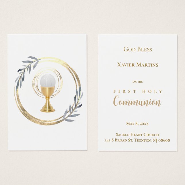 First Communion dusty blue leaves remembrance card (Front & Back)