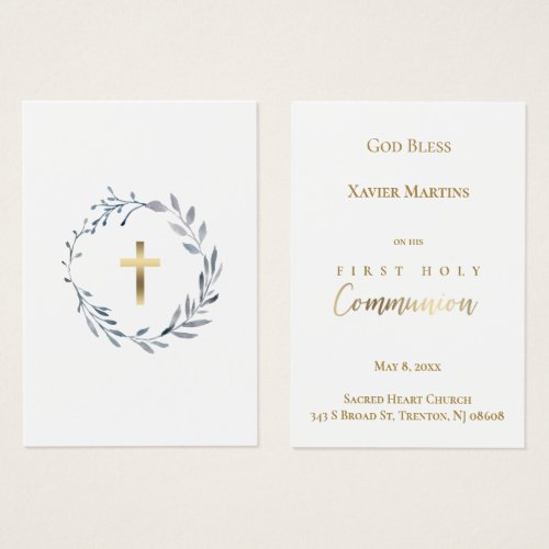 First Communion dusty blue wreath remembrance card