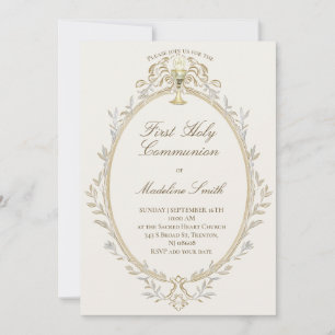 first communion elegant beige frame invitation
