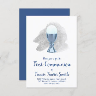 first communion elegant blue chalice invitation