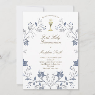 first communion elegant blue frame invitation