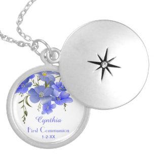 First Communion Elegant Floral Personalized Locket Necklace