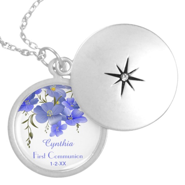 First Communion Elegant Floral Personalized Locket Necklace (Front)