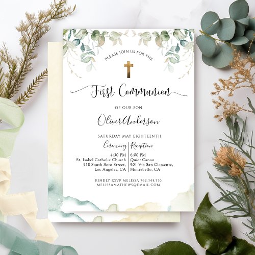 First Communion Elegant Greenery and Watercolor Invitation