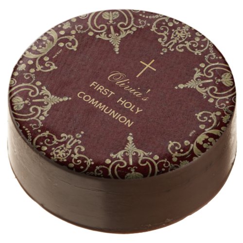 First Communion Elegant Vintage Gold Burgundy Red Chocolate Covered Oreo
