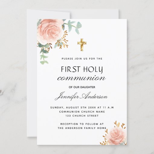 First communion eucalyptus blush floral invitation | Zazzle