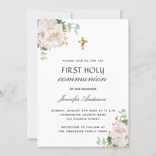 First communion eucalyptus white floral invitation