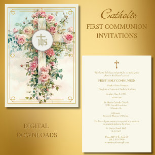 First Communion Eucharist Pink Floral Cross Invitation