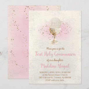 first communion FAUX glitter and pink watercolor Invitation