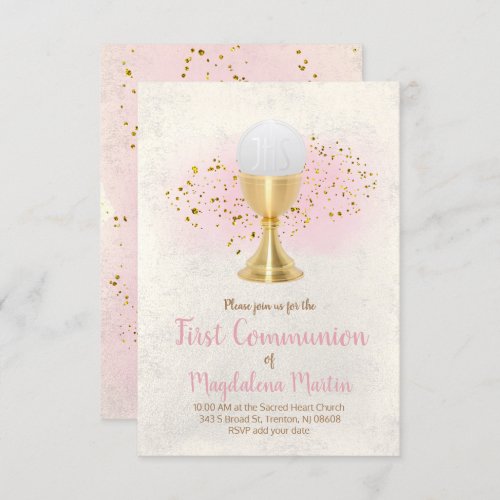 first communion  FAUX glitter and pink watercolor Invitation