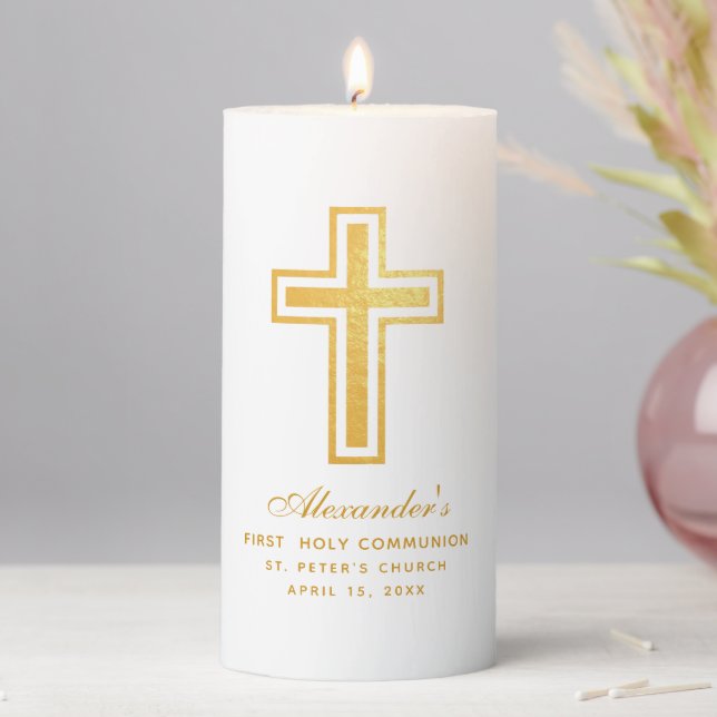 First Communion Faux Gold Cross and Elegant Script Pillar Candle (In Situ)