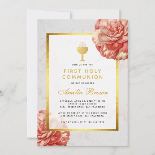 First Communion Faux Gold Floral Pink Camellia Invitation