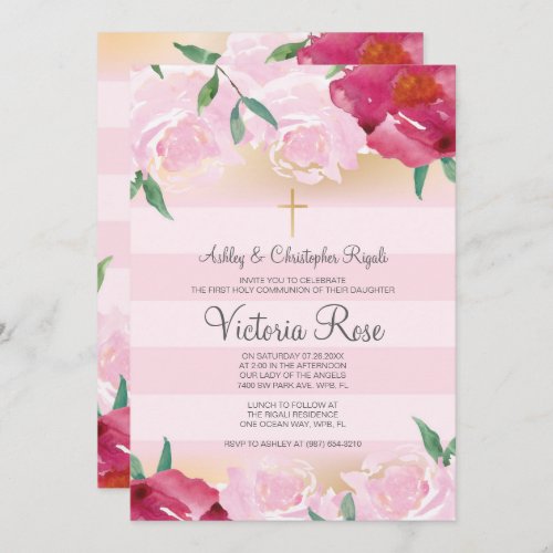First Communion  Faux Gold Floral Pink Stripe Invitation
