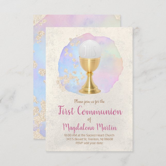 first communion  FAUX gold foil and watercolor Invitation (Front/Back)