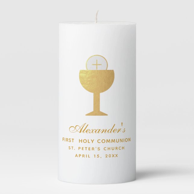 First Communion Faux Gold Foil Chalice & Eucharist Pillar Candle (Front)