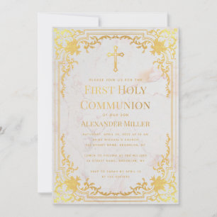 First Communion Faux Gold Vintage Elegant Marble Invitation