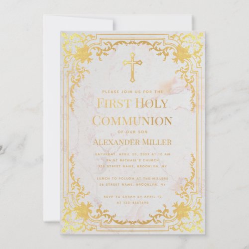 First Communion Faux Gold Vintage Elegant Marble Invitation