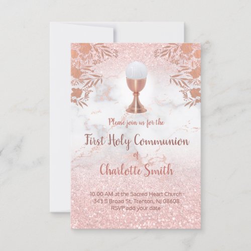 first communion faux pink glitter and rose gold invitation