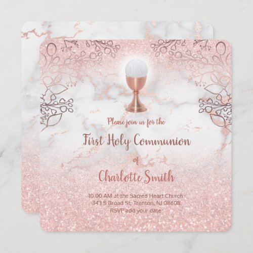 first communion faux pink glitter rose gold marble invitation