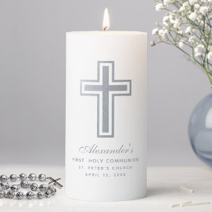 First Communion Faux Silver Cross & Elegant Script Pillar Candle