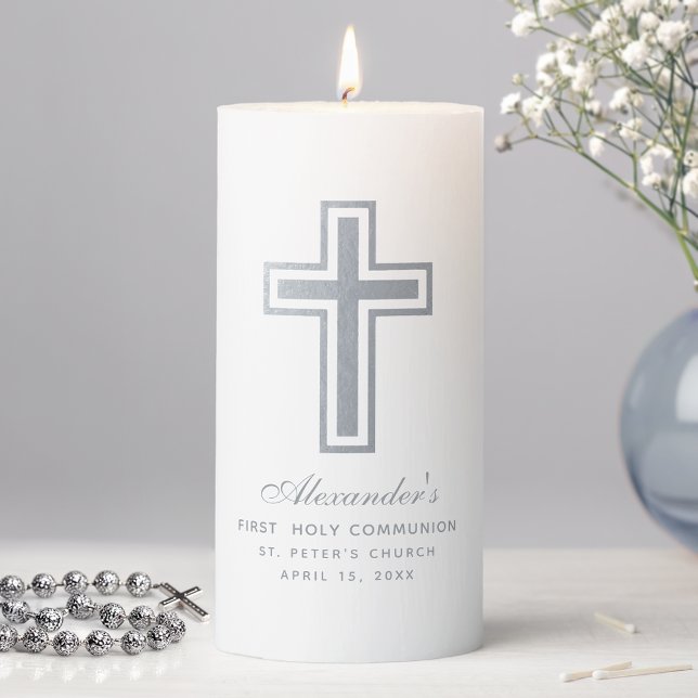 First Communion Faux Silver Cross & Elegant Script Pillar Candle (Creator Uploaded)