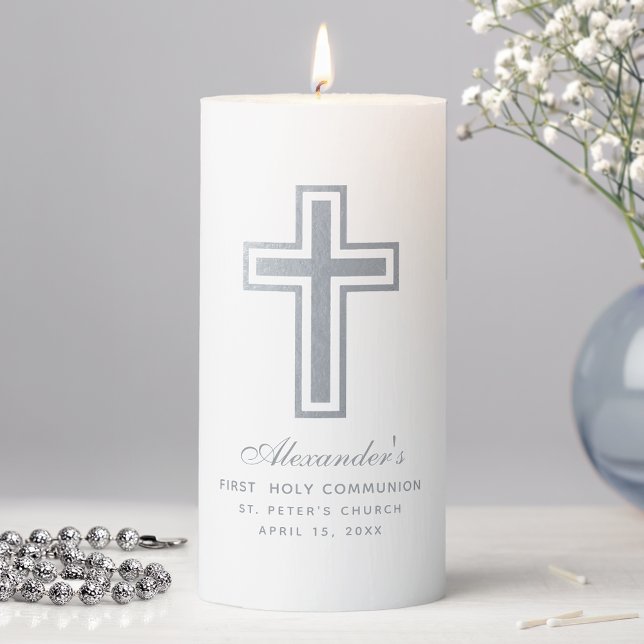 First Communion Faux Silver Cross & Elegant Script Pillar Candle (Creator Uploaded)