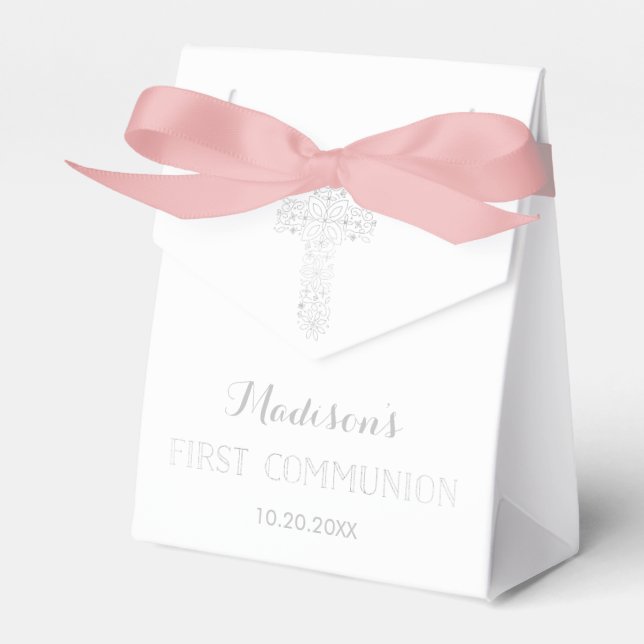 First Communion Favor Box, Silver Cross Boxes (Front Side)
