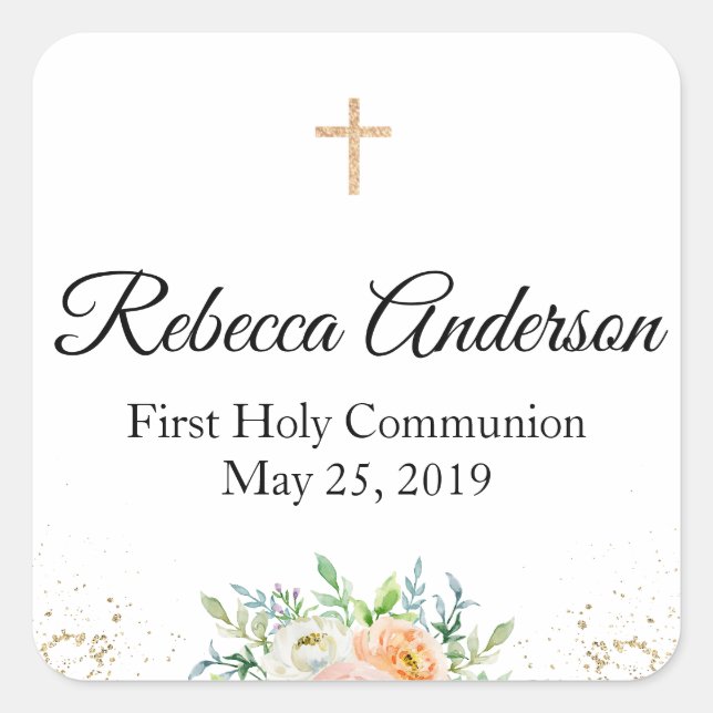 First Communion Favor Floral Sticker (Front)