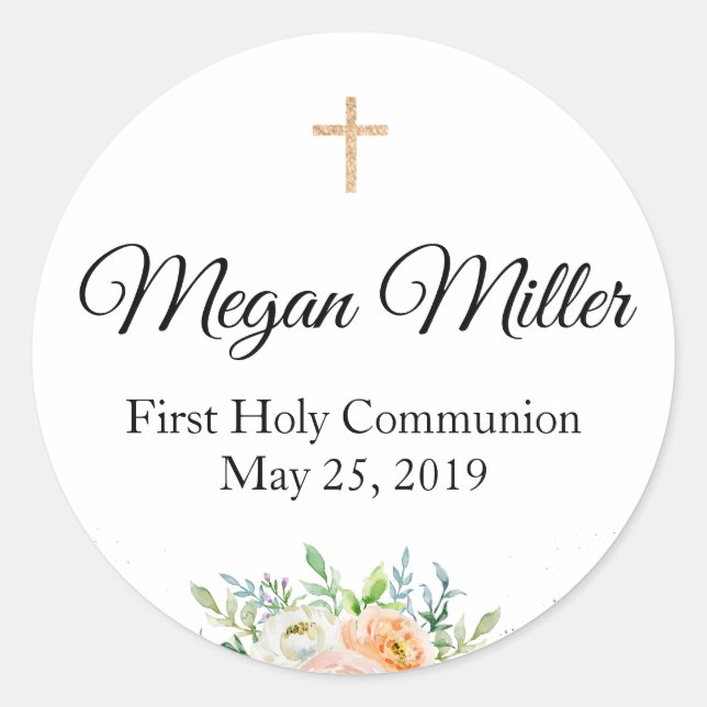 First Communion Favor Sticker greeneryFloral (Front)