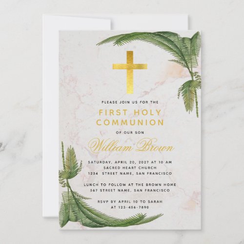 First Communion Fern Greenery Gold Cross Marble Invitation
