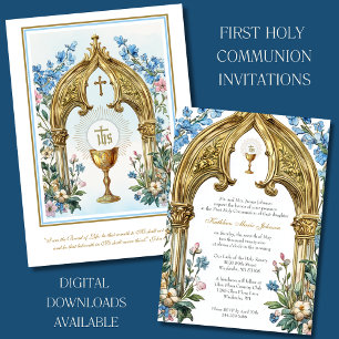 First Communion Floral and Gold Chalice Host Invitation