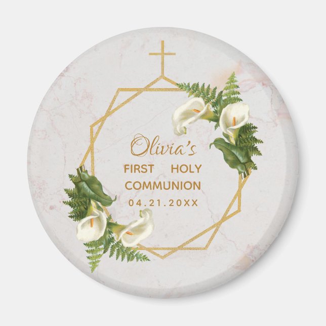 First Communion Floral Calla Lilies Gold Marble Magnet (Front)