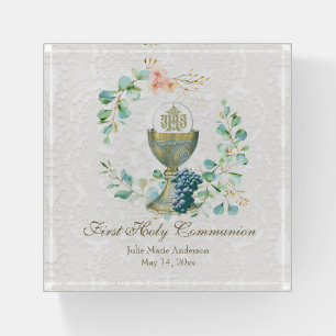 First Communion Floral Chalice Host Eucalyptus Paperweight