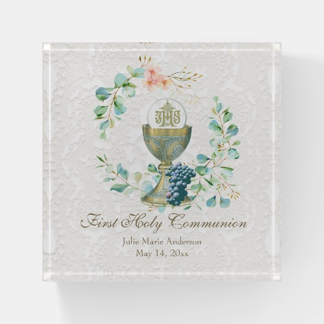 First Communion Floral Chalice Host Eucalyptus Paperweight (Front)