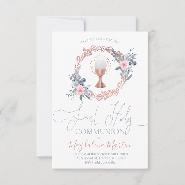 first communion floral circle decor invitation (Front)