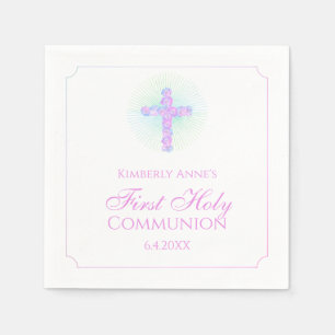 First Communion Floral Cross Lavender Monogrammed Napkins