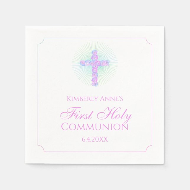 First Communion Floral Cross Lavender Monogrammed Napkins (Front)