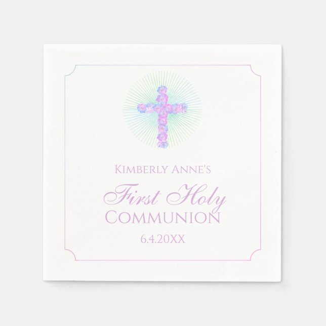 First Communion Floral Cross Lavender Monogrammed Napkins (Front)
