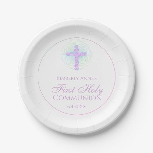 First Communion Floral Cross Lavender Monogrammed Paper Plates