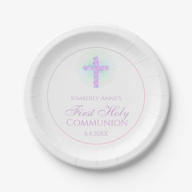 First Communion Floral Cross Lavender Monogrammed Paper Plates (Front)