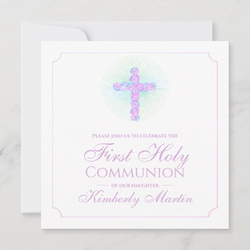 First Communion Floral Cross Lavender Script Photo Invitation