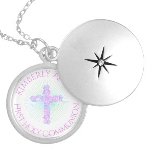 First Communion Floral Cross Pink Monogrammed Locket Necklace