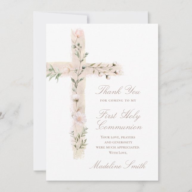 First Communion floral cross thank you Card (Front)
