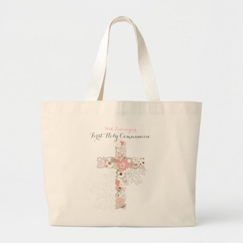 First Communion Floral Cross Tote Bag