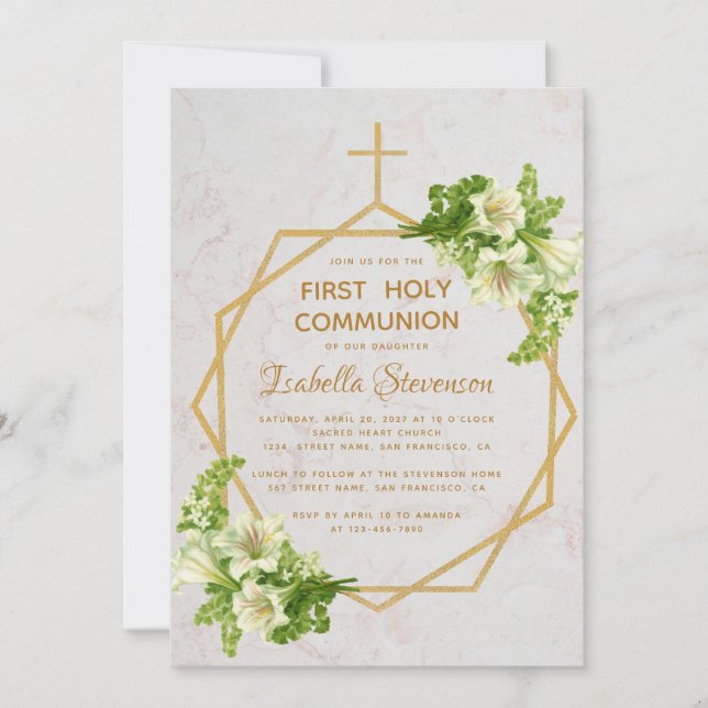 First Communion Floral Gold Cross Lilies Marble Invitation (Front)