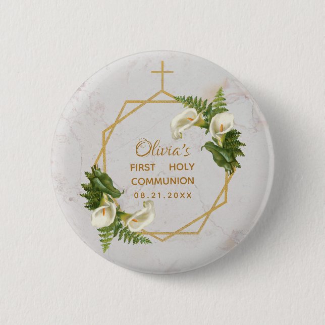 First Communion Floral Gold Marble Calla Lilies Button (Front)