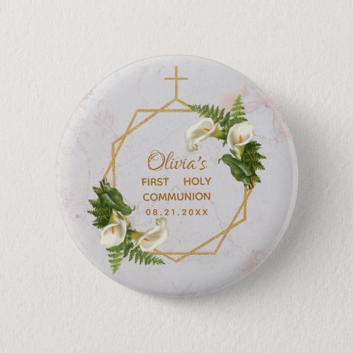 First Communion Floral Gold Marble Calla Lilies Button